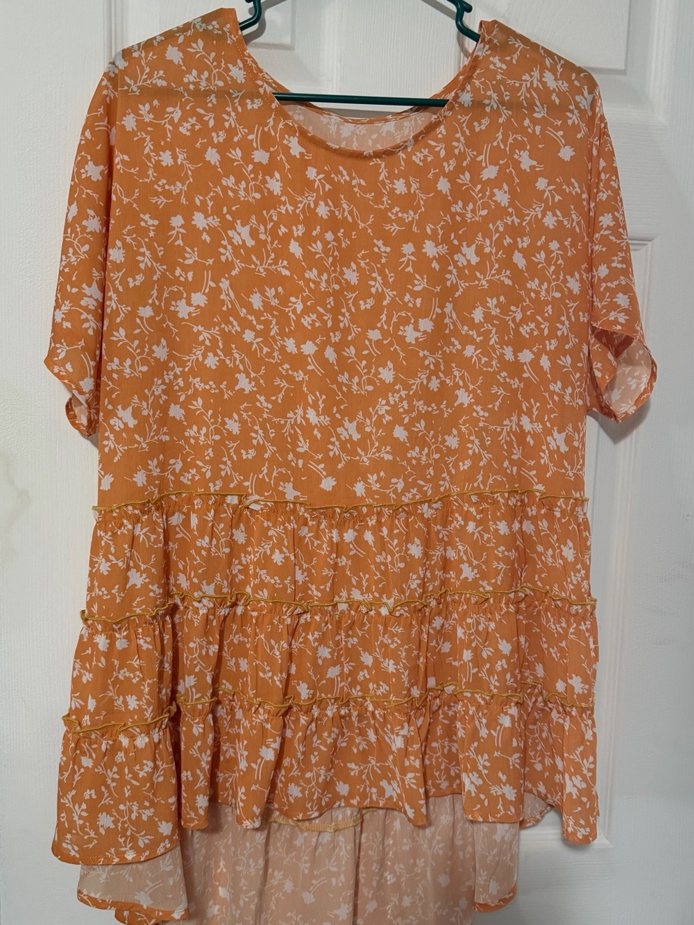 Lightweight Orange Floral Tiered Short-Sleeve Tunic